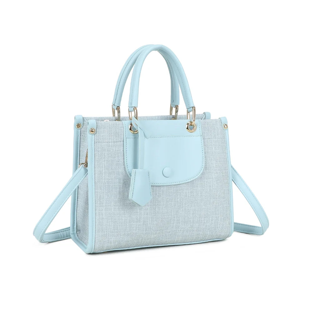 Églantine bleu clair de trois quarts : silhouette structurée, rivets dorés et deux anses arrondies – réf. R-2036