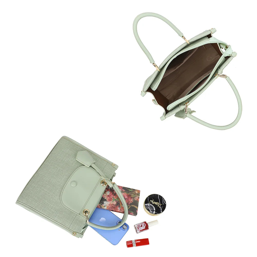 Intérieur de l’Églantine vert clair : compartiment zippé pour téléphone, carnet et beauté – réf. R-2036