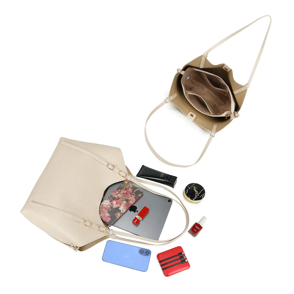Intérieur de l’Élance beige : compartiments pour tablette, portefeuille et trousse – réf. A-8721-1