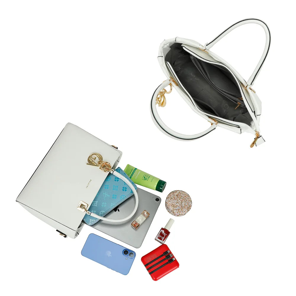 Intérieur du sac Élancia blanc fermé par zip, assez spacieux pour téléphone, pochette et tablette – réf. DQ-8696