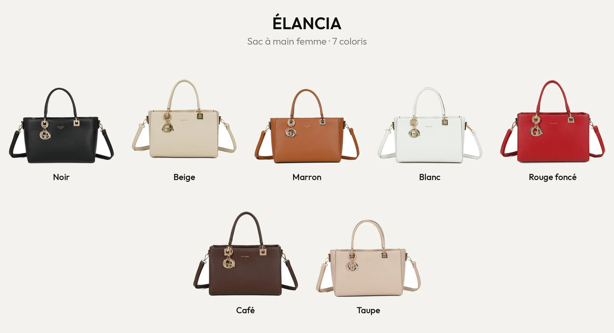Le sac à main femme Élancia dans ses 7 coloris : noir, beige, marron, blanc, rouge foncé, coffee et taupe – Gallantry Paris – réf. DQ-8696