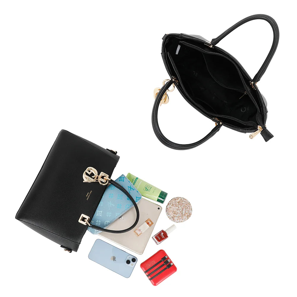 Intérieur du sac Élancia noir fermé par zip, assez spacieux pour téléphone, pochette et tablette – réf. DQ-8696