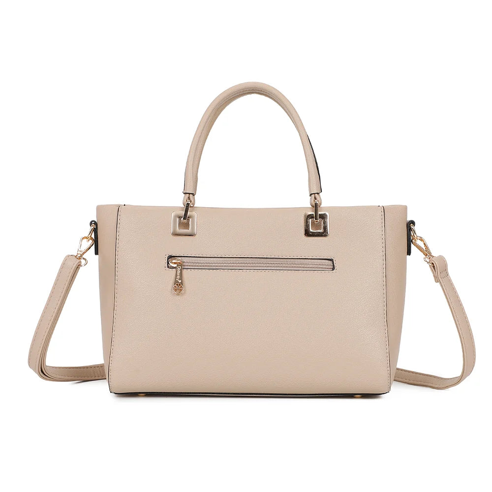 Dos du sac Élancia taupe, surface texturée façon saffiano sans ornement pour une allure sobre – réf. DQ-8696