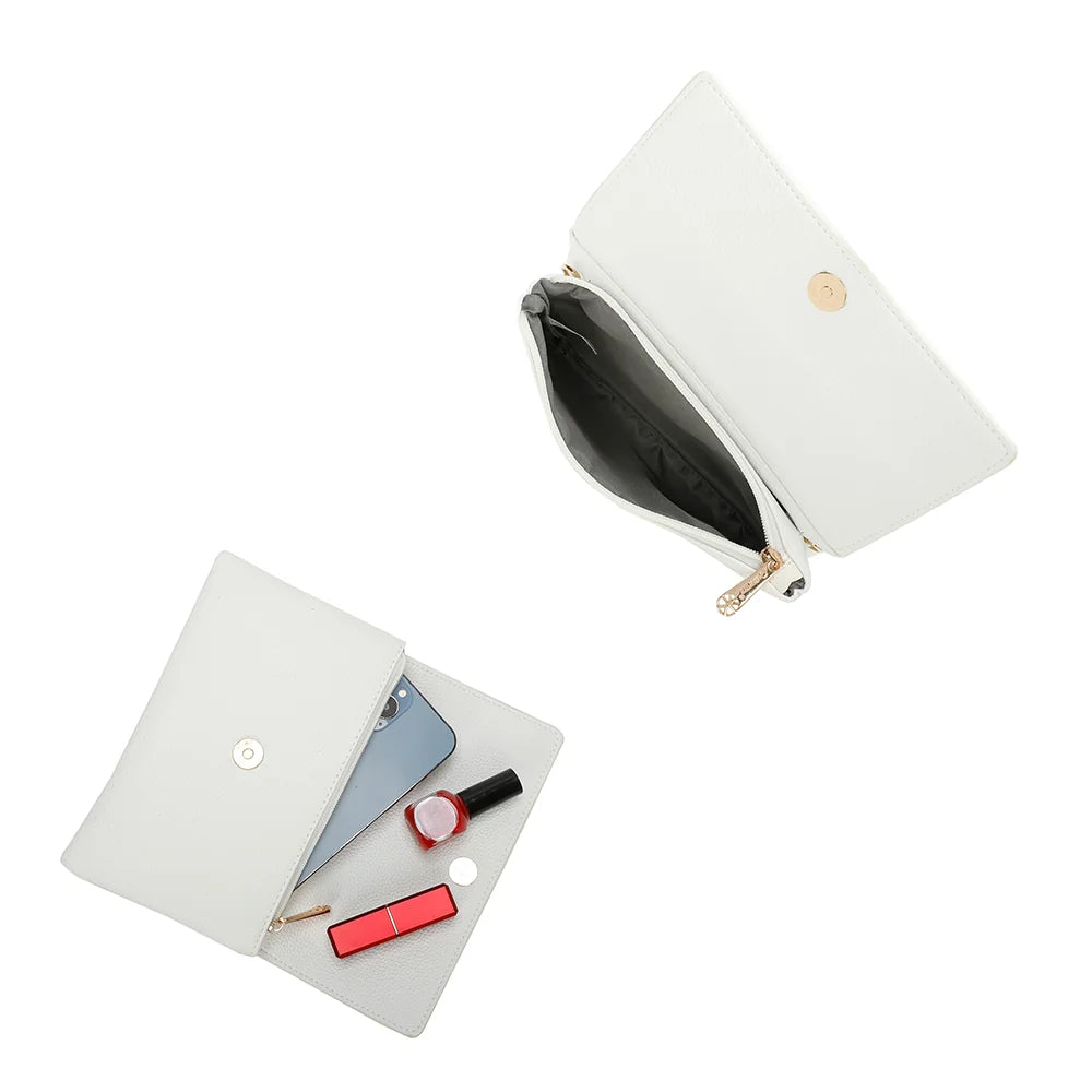 Intérieur de la pochette Elara blanc : rabat aimanté, compartiments et poche zippée – réf. SF-69033