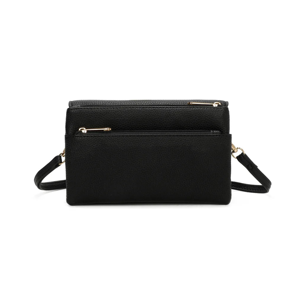 Dos de la pochette Elara noir, simili cuir grainé et bandoulière fine accrochée par anneaux dorés – réf. SF-69033