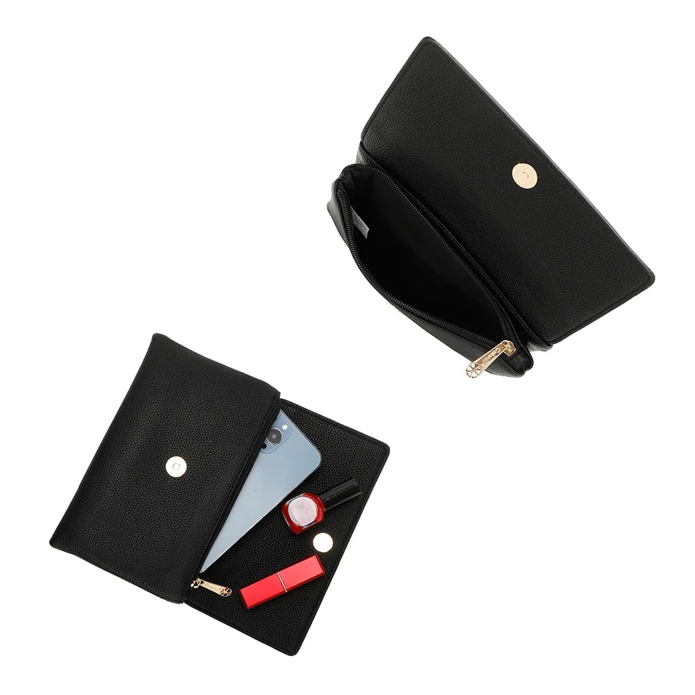 Intérieur de la pochette Elara noir : rabat aimanté, compartiments et poche zippée – réf. SF-69033