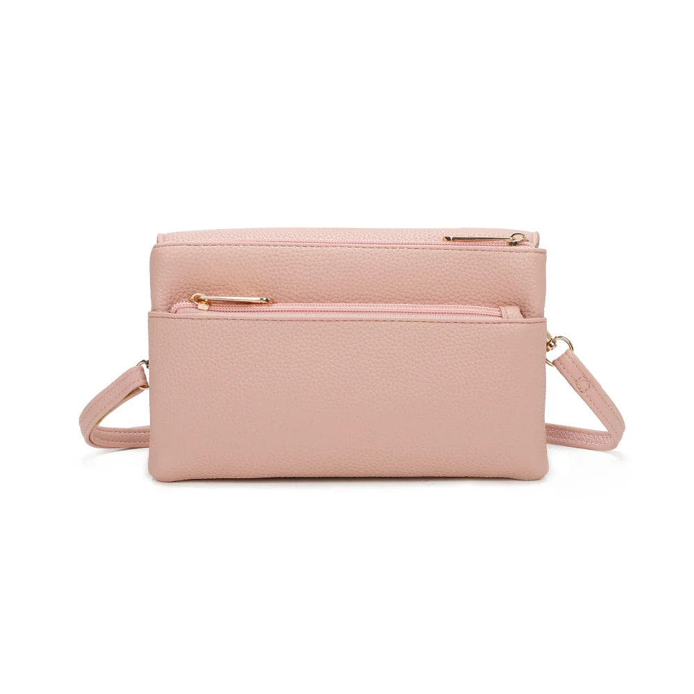 Dos de la pochette Elara rose, simili cuir grainé et bandoulière fine accrochée par anneaux dorés – réf. SF-69033