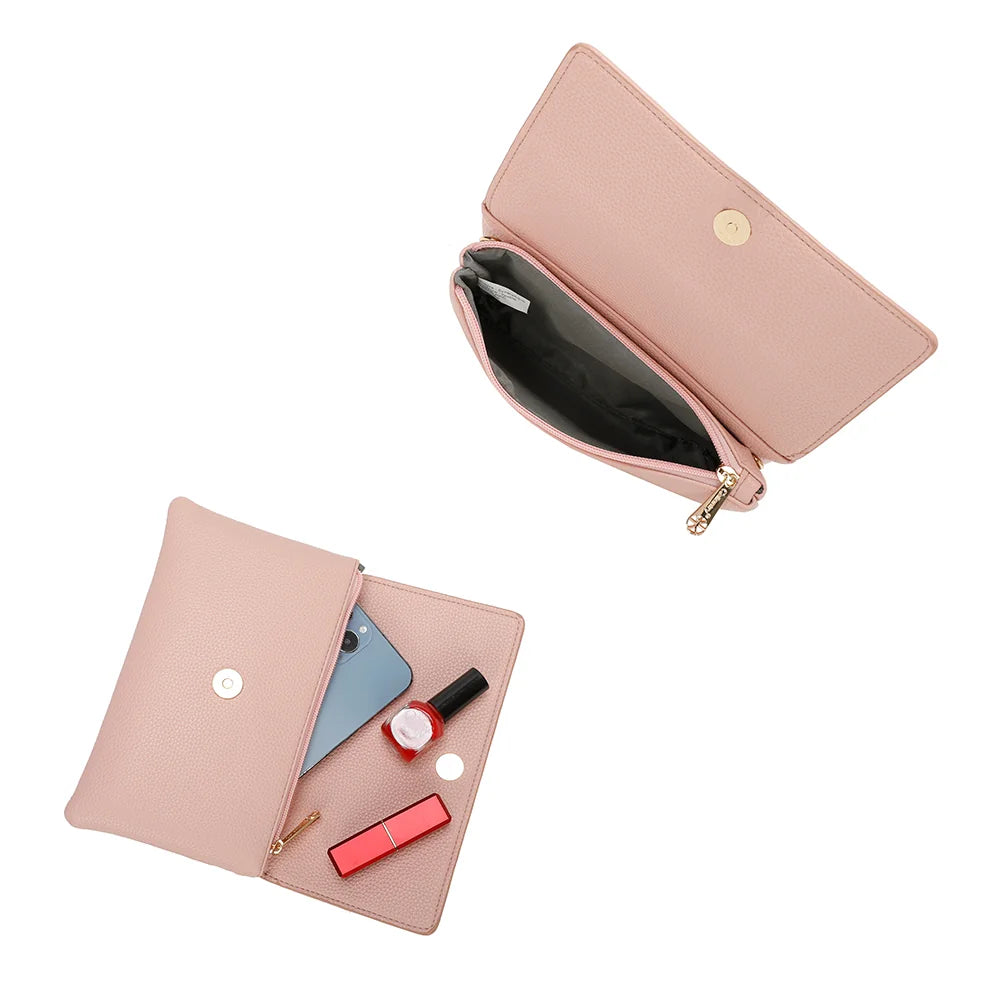 Intérieur de la pochette Elara rose : rabat aimanté, compartiments et poche zippée – réf. SF-69033
