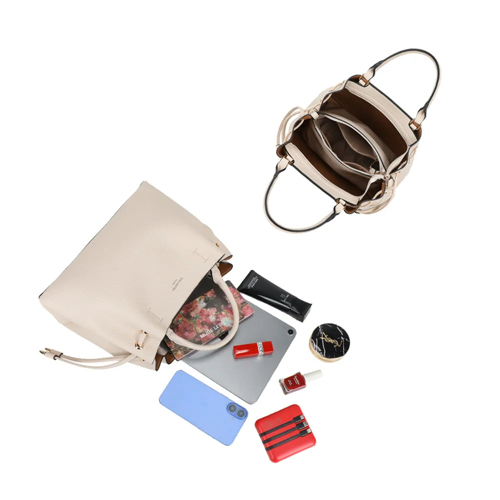 Intérieur de l’Élégance Daily beige : plusieurs compartiments pour téléphone, tablette et maquillage – réf. DQ-8731