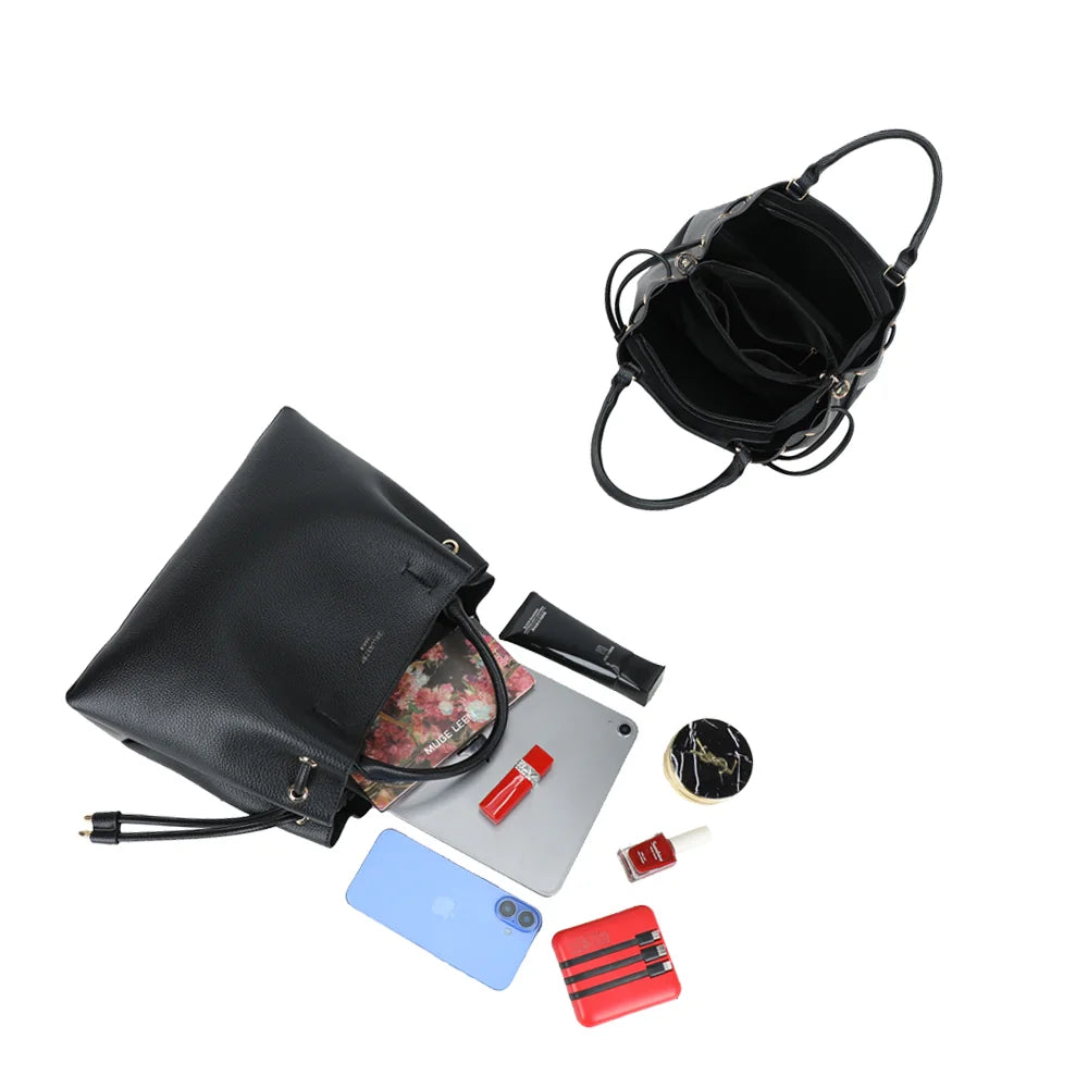 Intérieur de l’Élégance Daily noir : plusieurs compartiments pour téléphone, tablette et maquillage – réf. DQ-8731