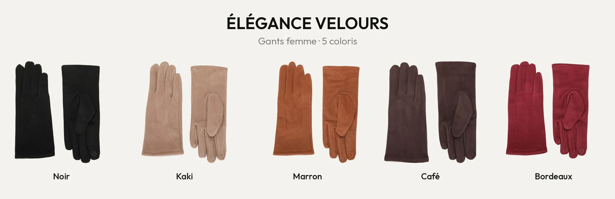 Gants femme Élégance Velours en 5 coloris : noir, khaki, marron, coffee et bordeaux – Gallantry Paris – réf. HZ-77001