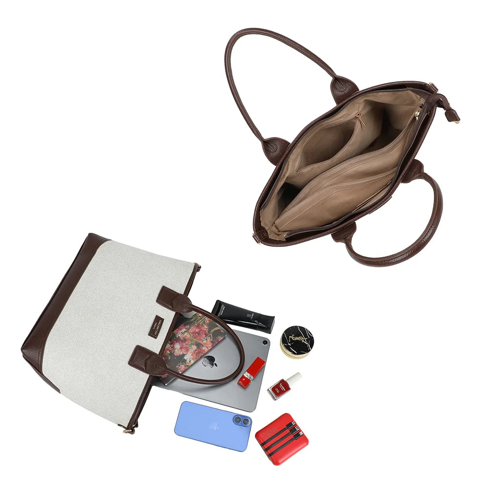 Intérieur du sac Éléna beige/coffee : poche zippée, poches plaquées, place pour une tablette – réf. JC-53008
