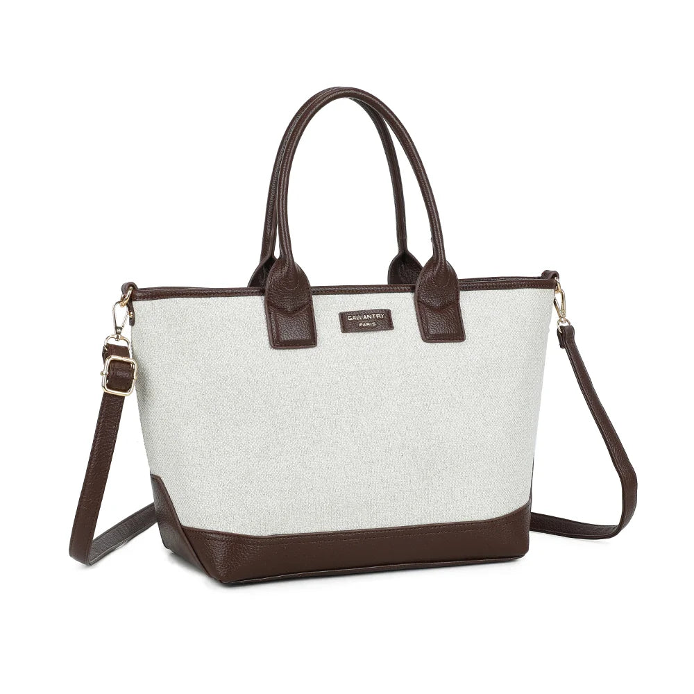 Éléna beige/coffee de trois quarts : silhouette structurée et base en simili cuir grainé – réf. JC-53008
