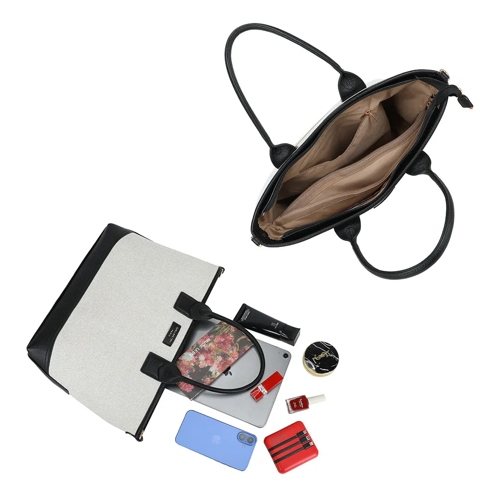 Intérieur du sac Éléna beige/noir : poche zippée, poches plaquées, place pour une tablette – réf. JC-53008