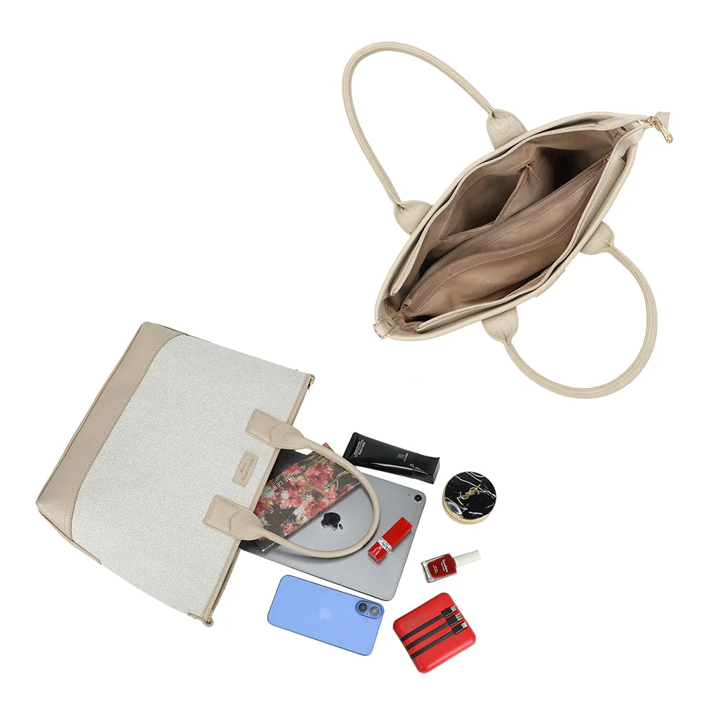 Intérieur du sac Éléna beige/taupe : poche zippée, poches plaquées, place pour une tablette – réf. JC-53008