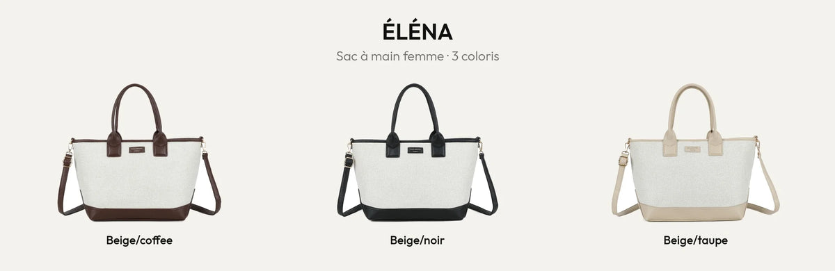 Sac à main Éléna en trois coloris : Beige/Coffee, Beige/Noir et Beige/Taupe – Gallantry Paris – réf. JC-53008