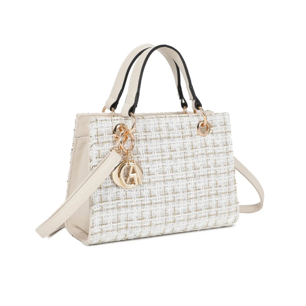 Élia beige clair de trois-quarts : maille tissée effet tweed et côtés lisses en synthétique – réf. C-0169-5