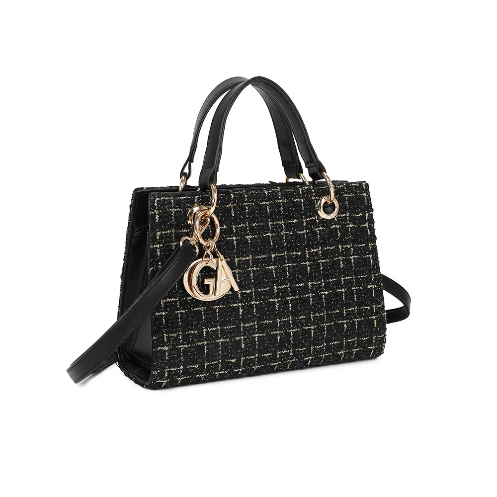 Élia noir de trois-quarts : maille tissée effet tweed et côtés lisses en synthétique – réf. C-0169-5