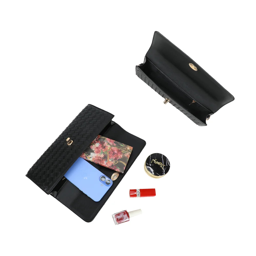 Intérieur de l’Élixir Tressé noir : un compartiment sous rabat pour smartphone et petits essentiels – réf. DQ-8730