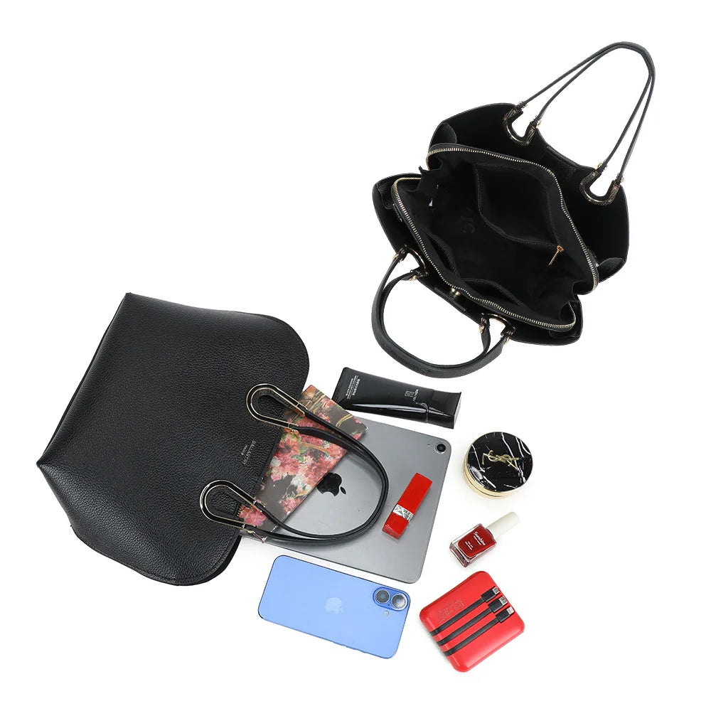 Intérieur du sac Élora noir : compartiment central zippé et poche intérieure – réf. M-9382-1