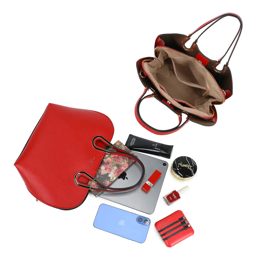 Intérieur du sac Élora rouge : compartiment central zippé et poche intérieure – réf. M-9382-1