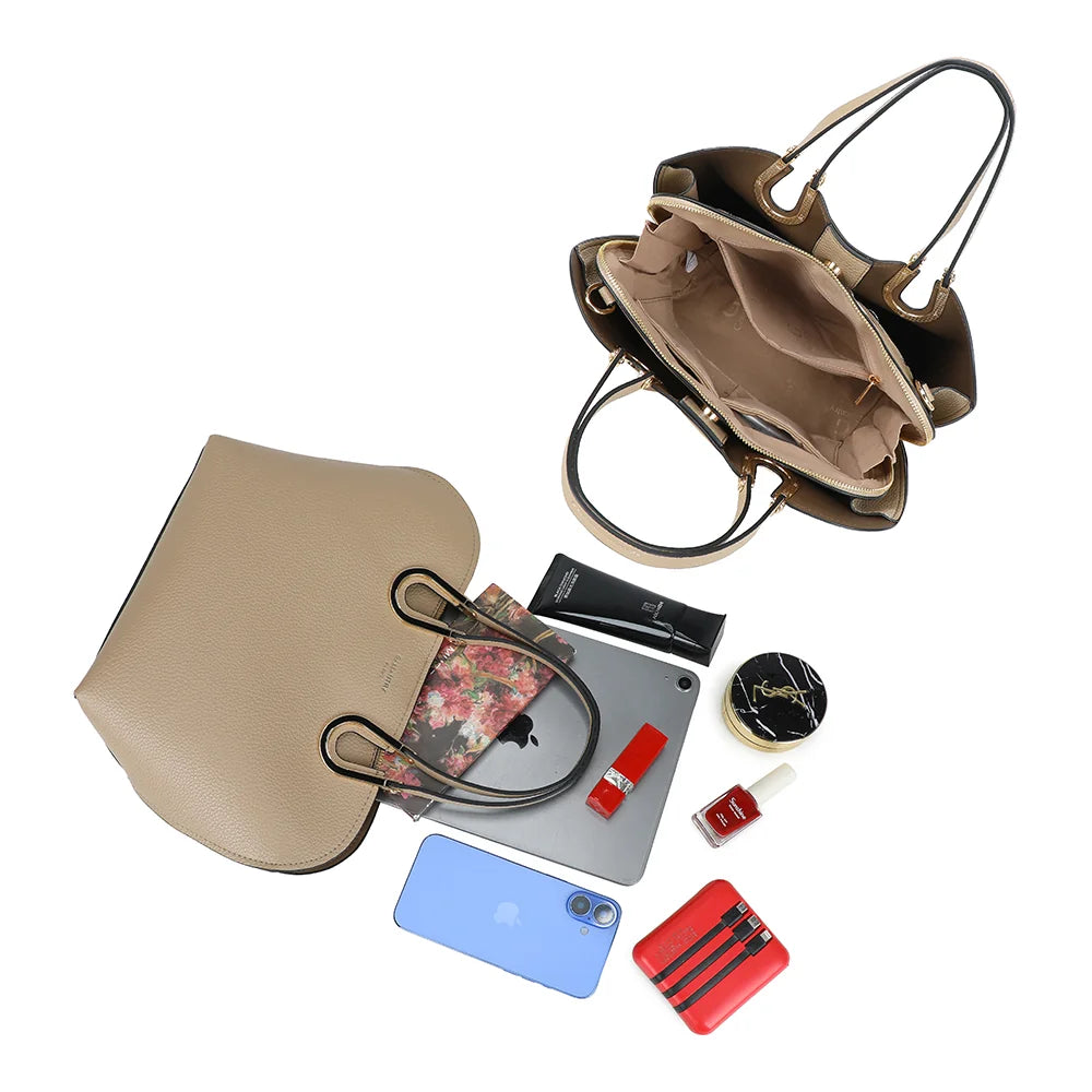 Intérieur du sac Élora taupe : compartiment central zippé et poche intérieure – réf. M-9382-1
