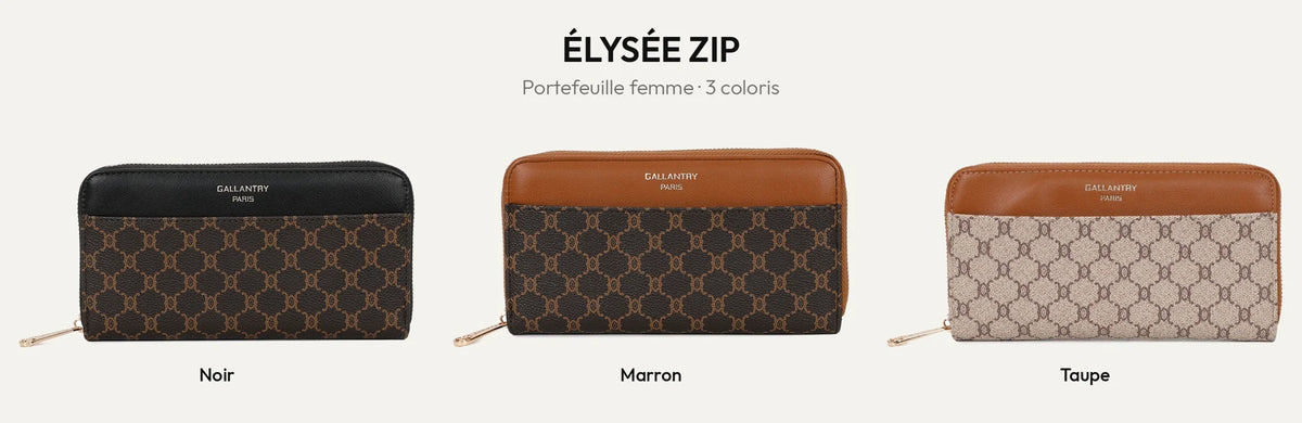 Portefeuille femme zippé Élysée Zip en Noir, Marron et Taupe – Gallantry Paris