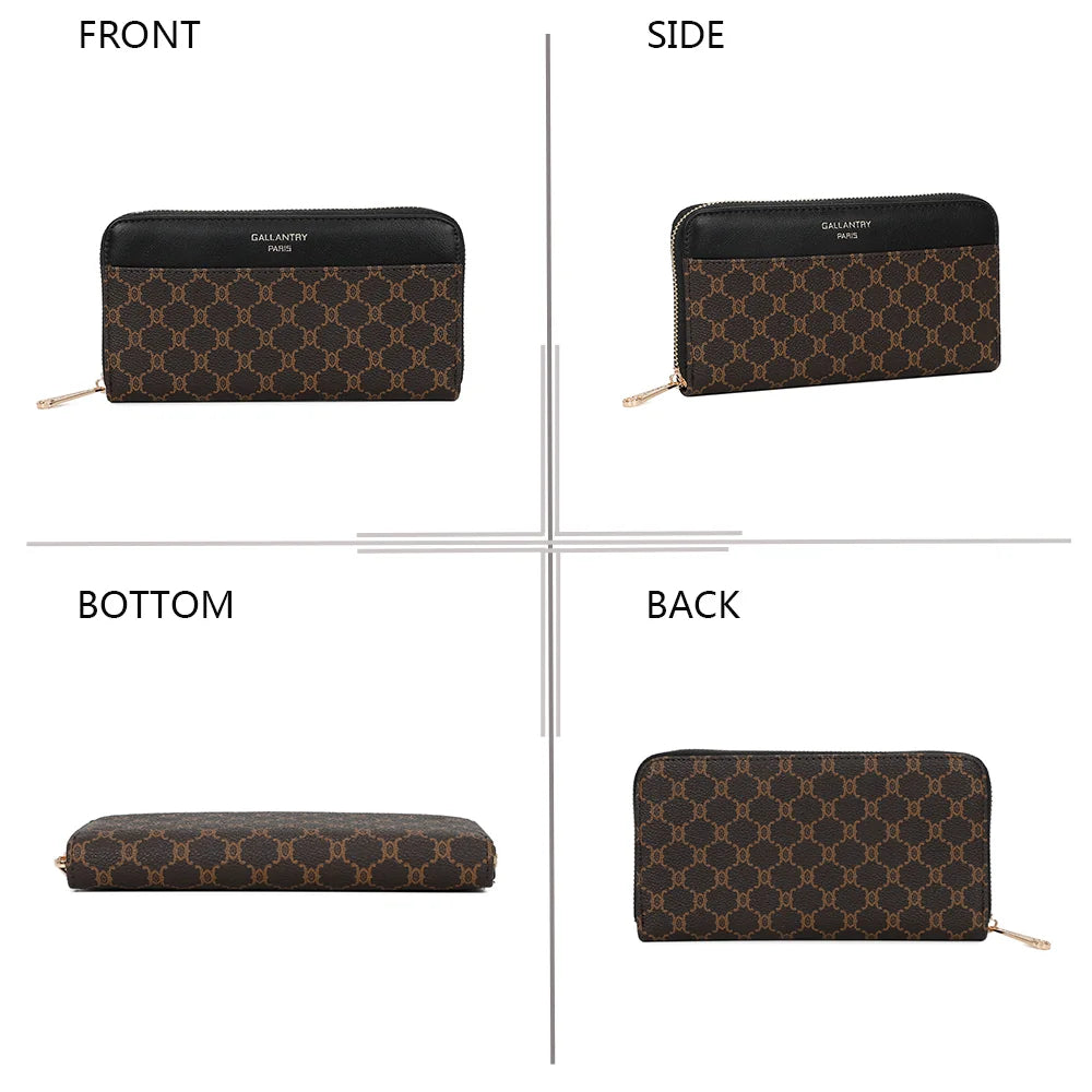 Élysée Zip noir sous quatre angles : face, profil, dessous et dos du portefeuille zippé