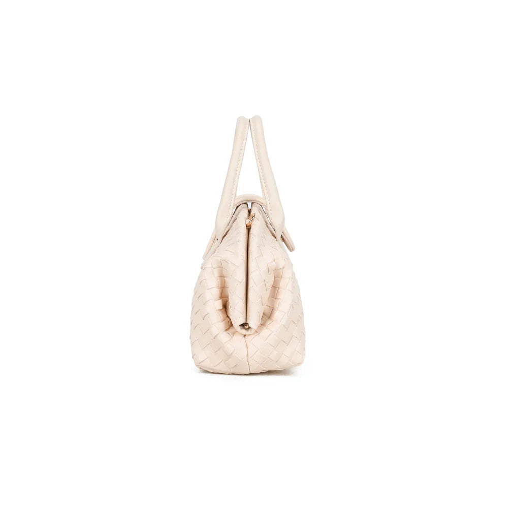 Profil du sac Émeraude Douce beige : anneau doré latéral pour accrocher la bandoulière amovible – réf. DG-5809