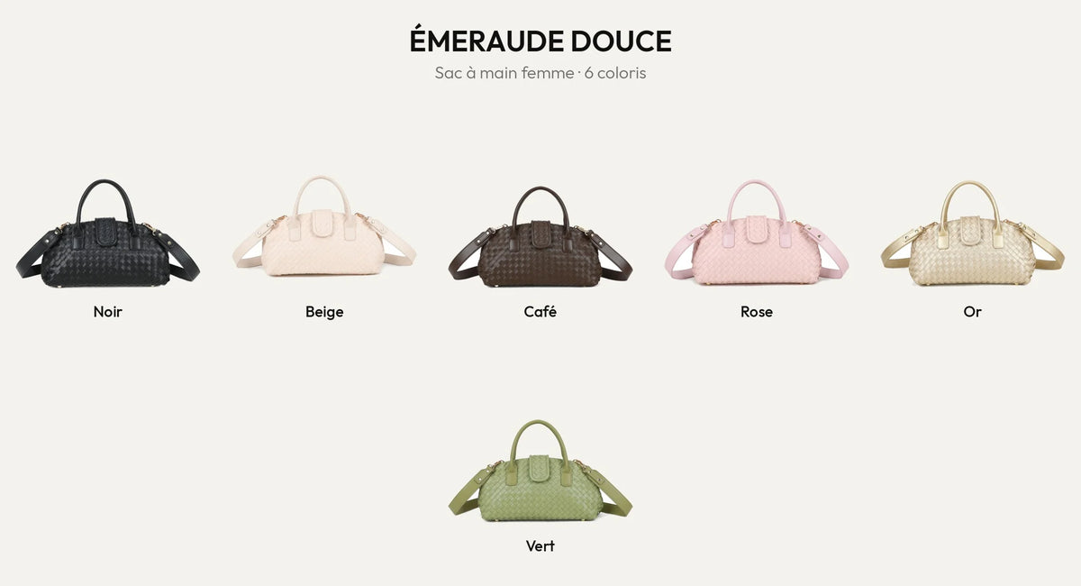 Sac à main tressé Émeraude Douce en 6 coloris : noir, beige, coffee, rose, or et vert – Gallantry Paris – réf. DG-5809