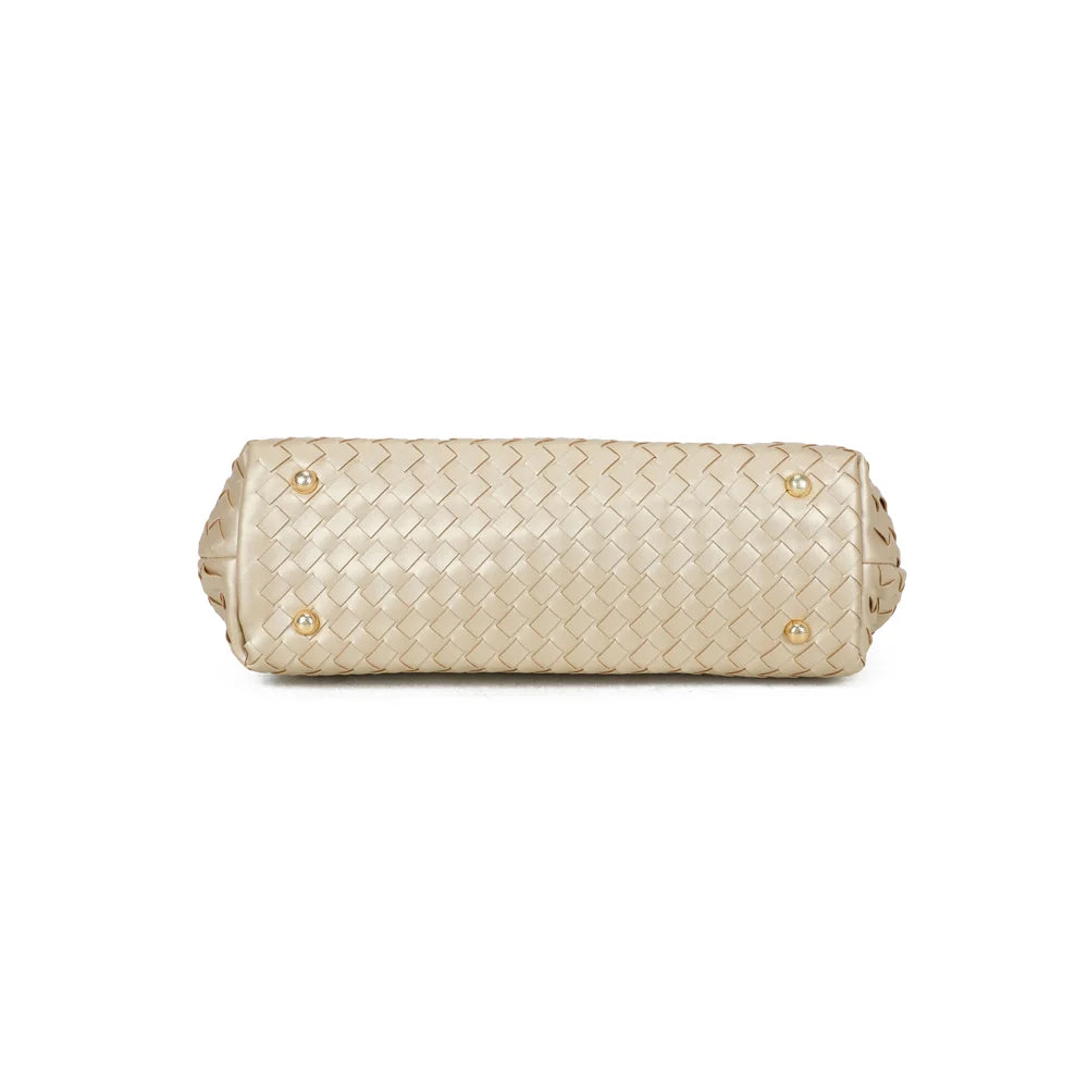 Dessous du sac Émeraude Douce or, posé sur de petits pieds métalliques dorés qui protègent la base – réf. DG-5809