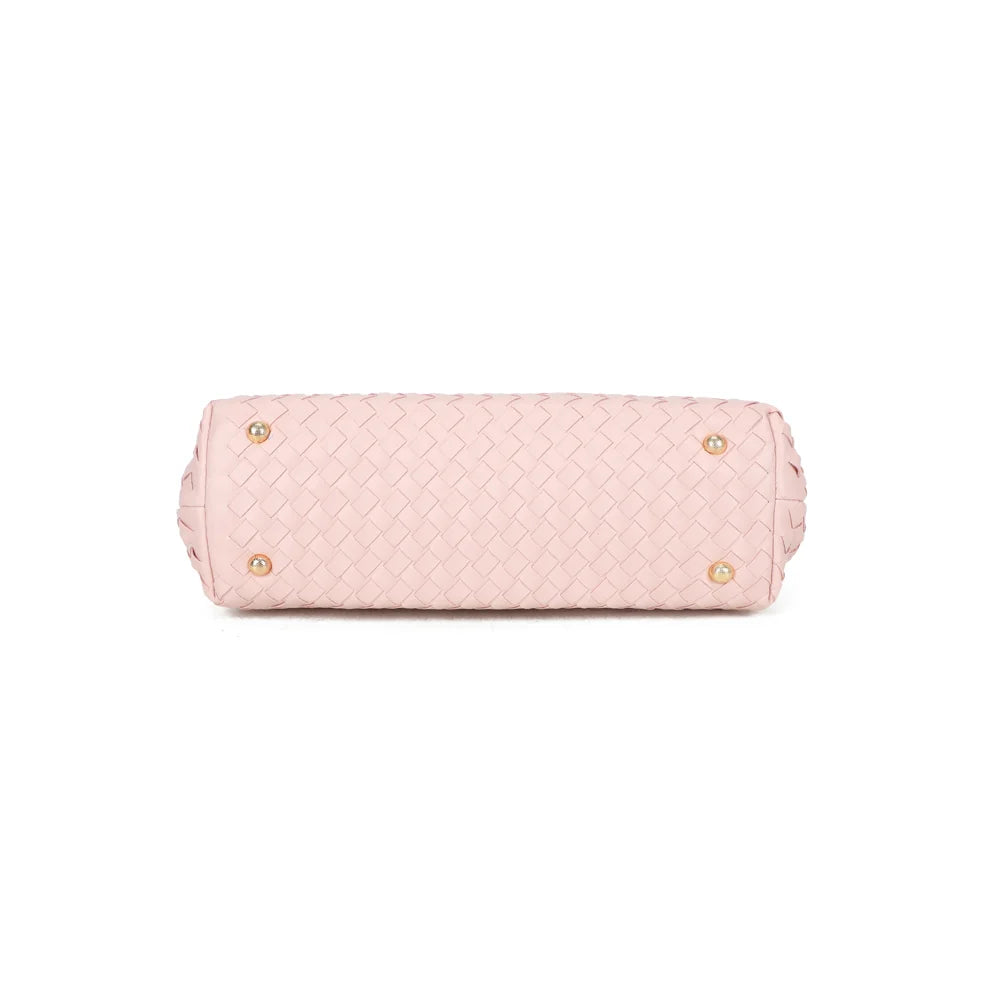 Dessous du sac Émeraude Douce rose, posé sur de petits pieds métalliques dorés qui protègent la base – réf. DG-5809
