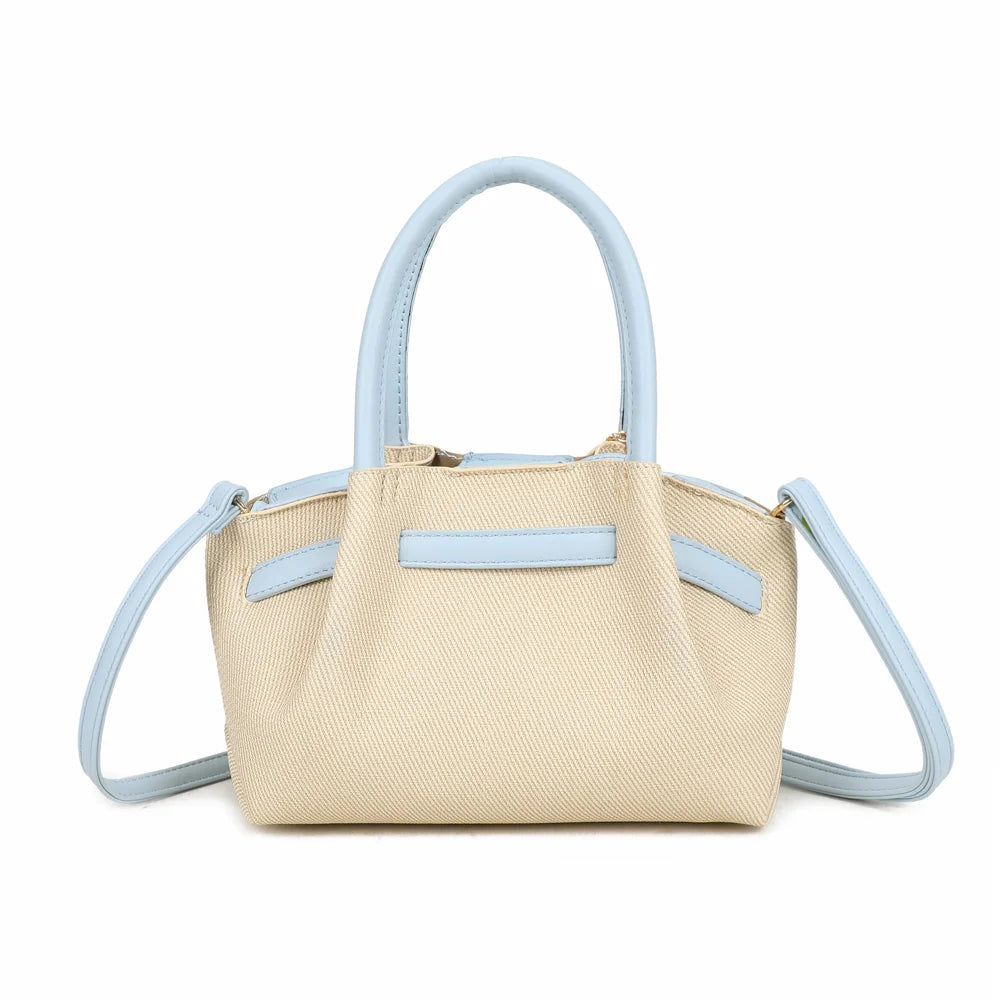 Dos du sac Esmée bleu clair, toile texturée et anses arrondies aux finitions effet cuir – réf. A-9156-1