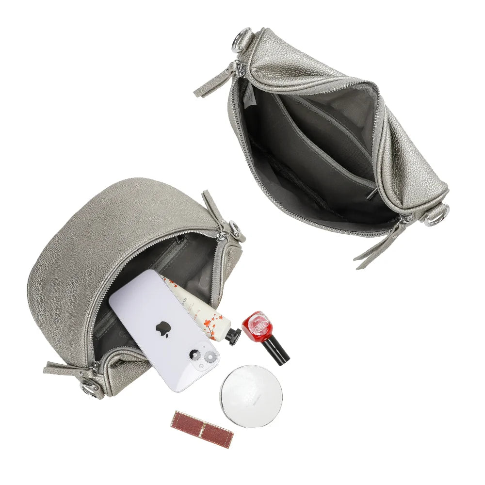 Intérieur de l’Essentiel argent : compartiment zippé doublé qui accueille smartphone et poudrier – réf. Z-83051