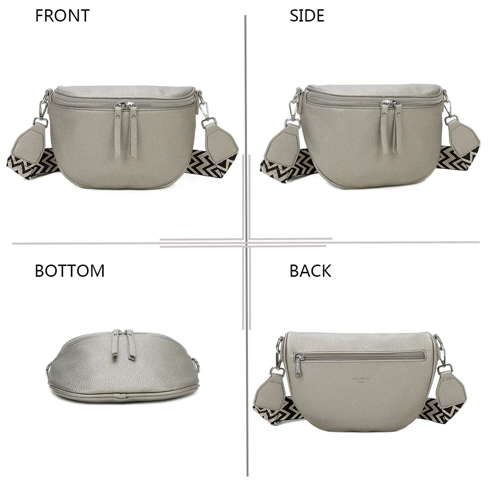 L’Essentiel argent sous quatre angles : face, profil, dessous et dos du sac banane – réf. Z-83051