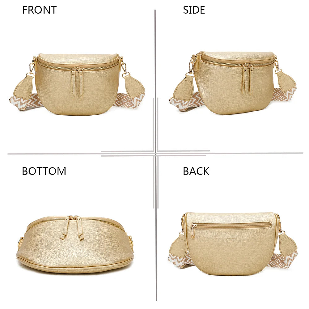L’Essentiel bronze sous quatre angles : face, profil, dessous et dos du sac banane – réf. Z-83051