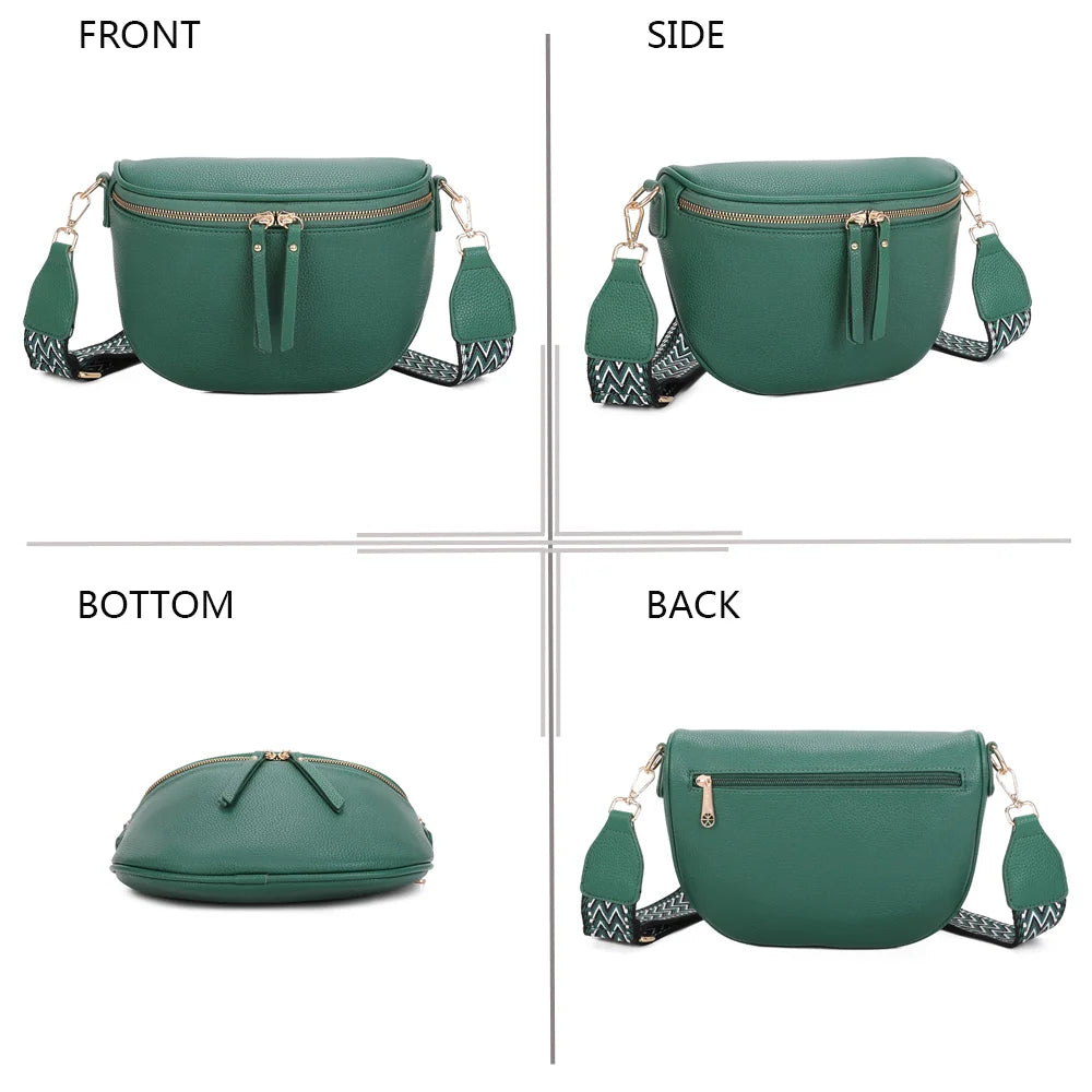 L’Essentiel vert foncé sous quatre angles : face, profil, dessous et dos du sac banane – réf. Z-83051