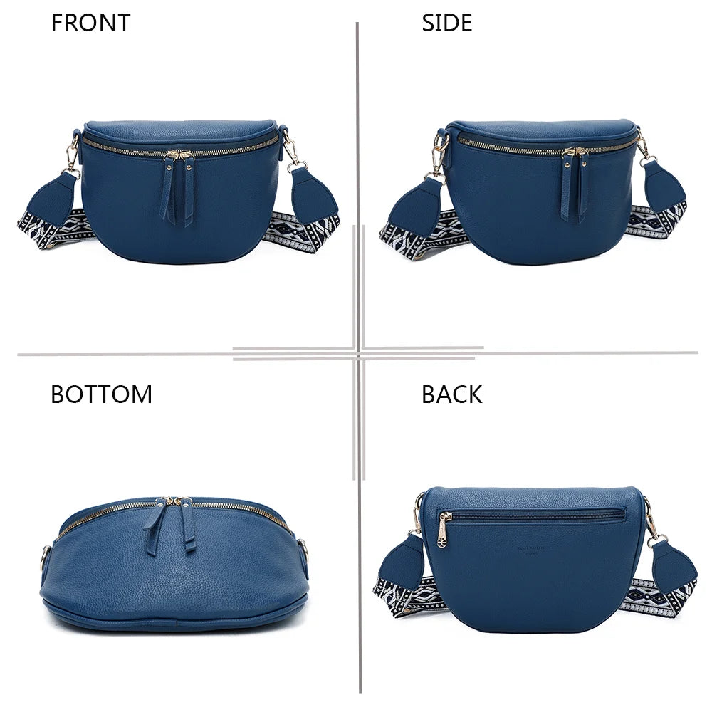 L’Essentiel marine sous quatre angles : face, profil, dessous et dos du sac banane – réf. Z-83051