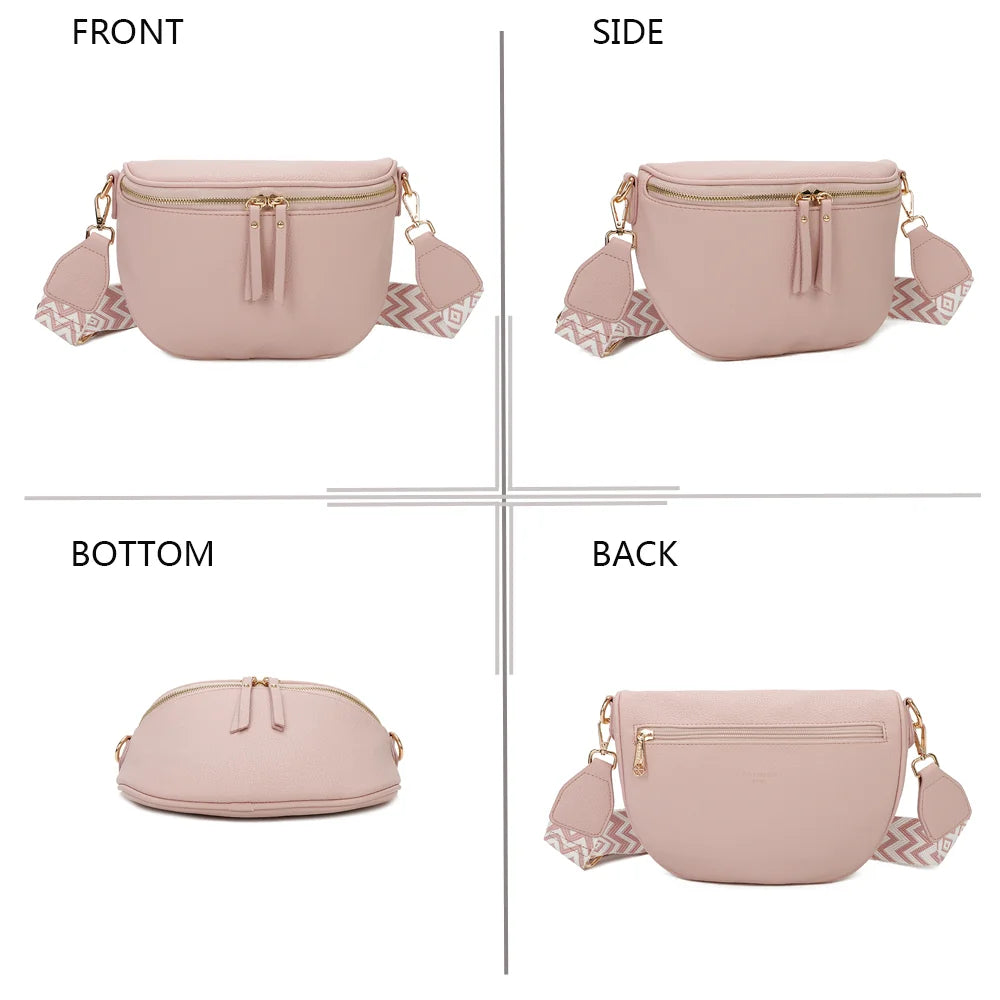 L’Essentiel rose sous quatre angles : face, profil, dessous et dos du sac banane – réf. Z-83051