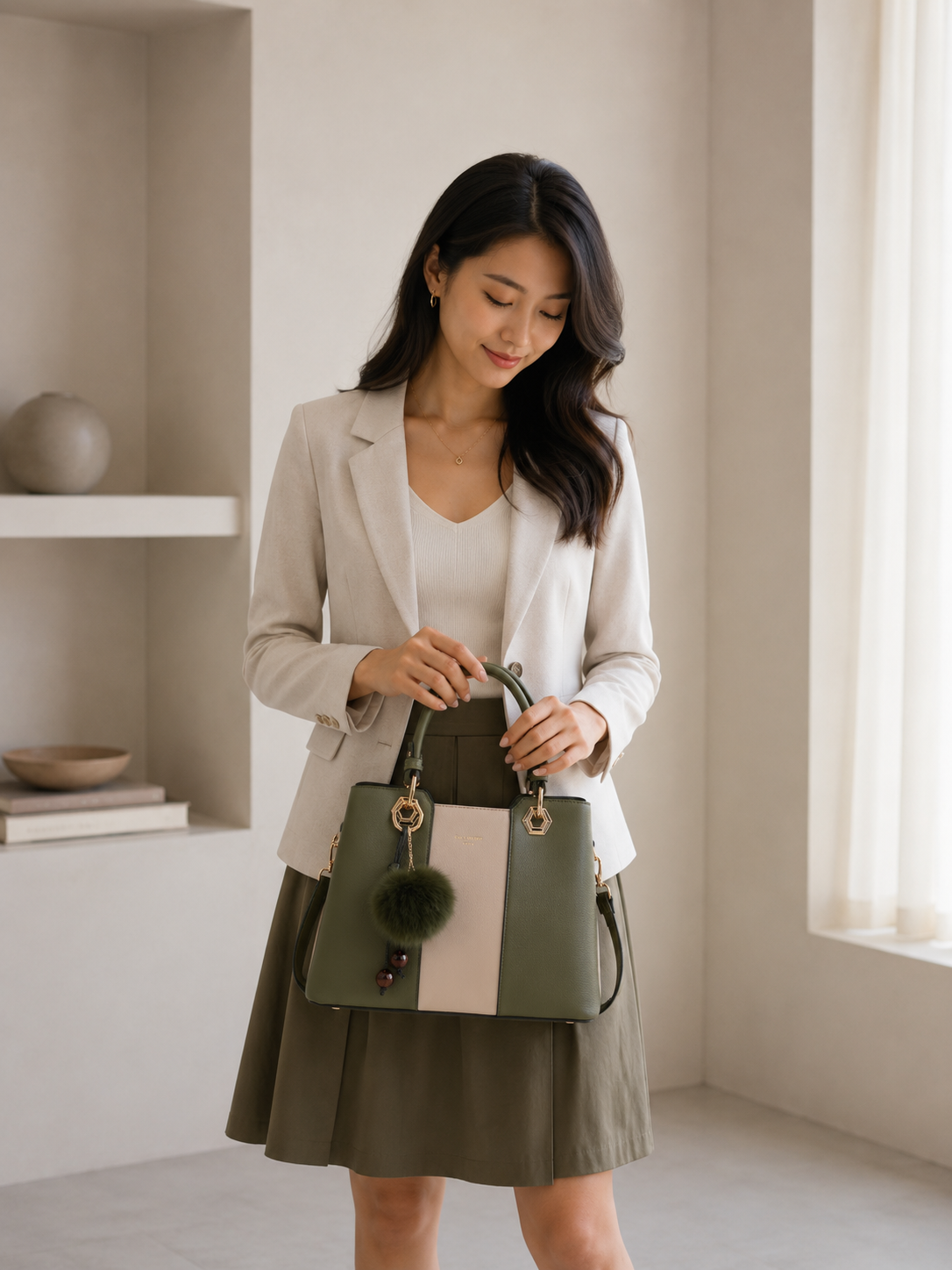 Femme en blazer clair et jupe kaki tenant le sac à main Fiora Pop vert foncé par ses anses – visuel d’ambiance créé avec l’IA – Gallantry Paris