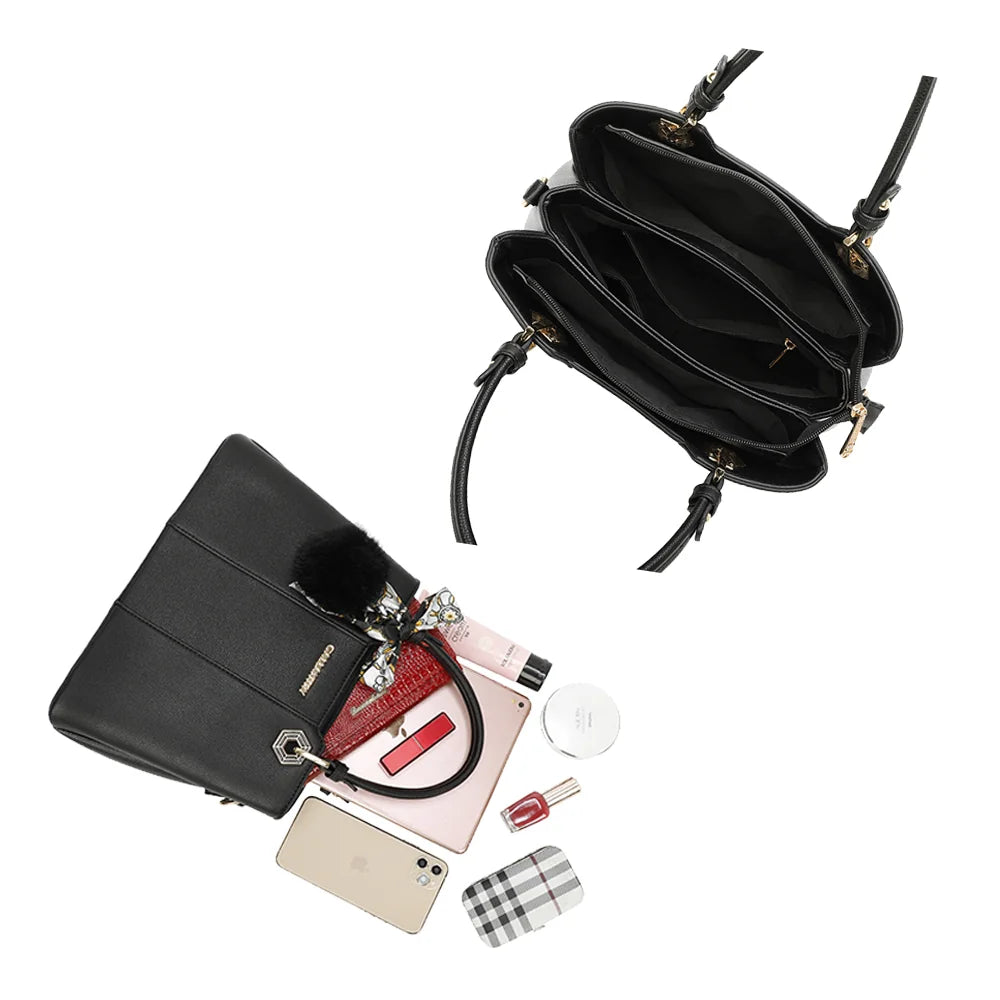 Intérieur du Fiora Pop noir : trois compartiments pour organiser téléphone, tablette et maquillage – réf. M-9354-3