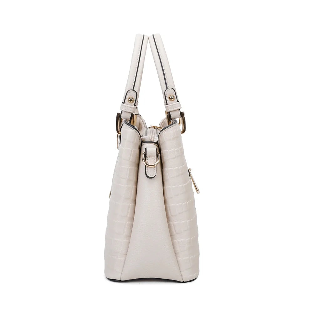 Profil du Fiora beige : mousquetons dorés où s’accroche la bandoulière amovible et réglable – réf. M-9354