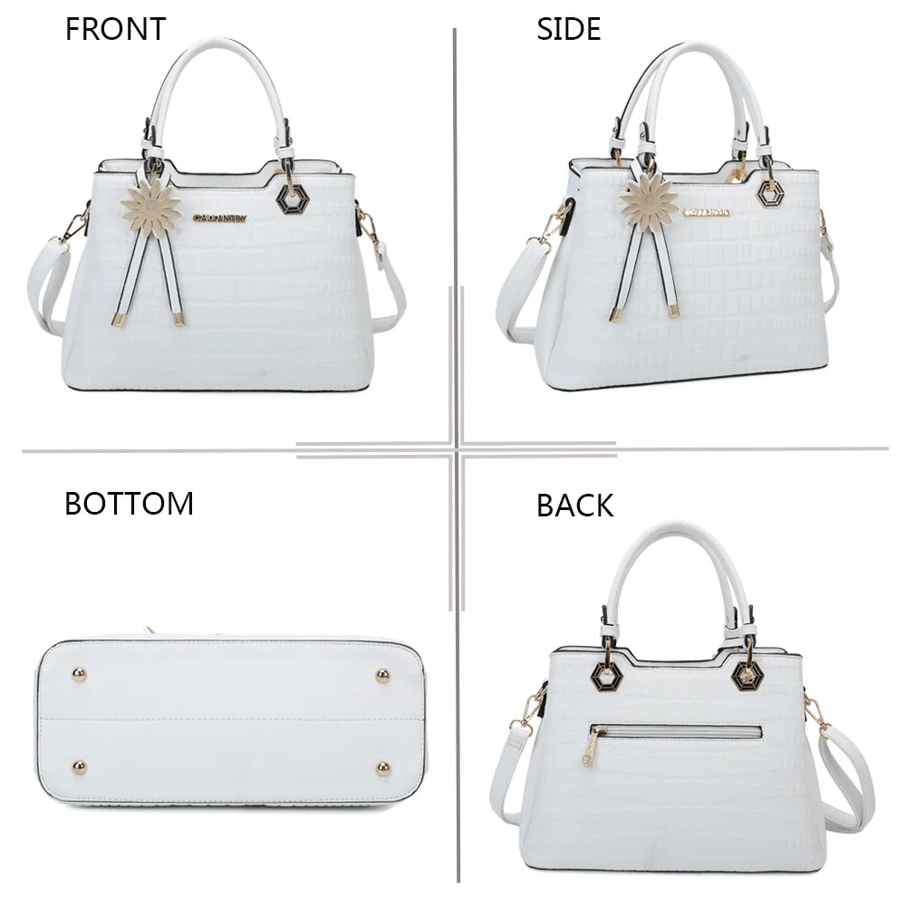 Fiora blanc sous quatre angles : face, côté, dessous et dos du sac à main embossé – réf. M-9354