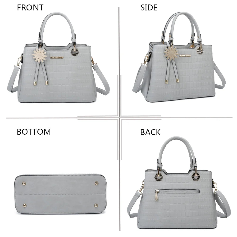 Fiora gris sous quatre angles : face, côté, dessous et dos du sac à main embossé – réf. M-9354