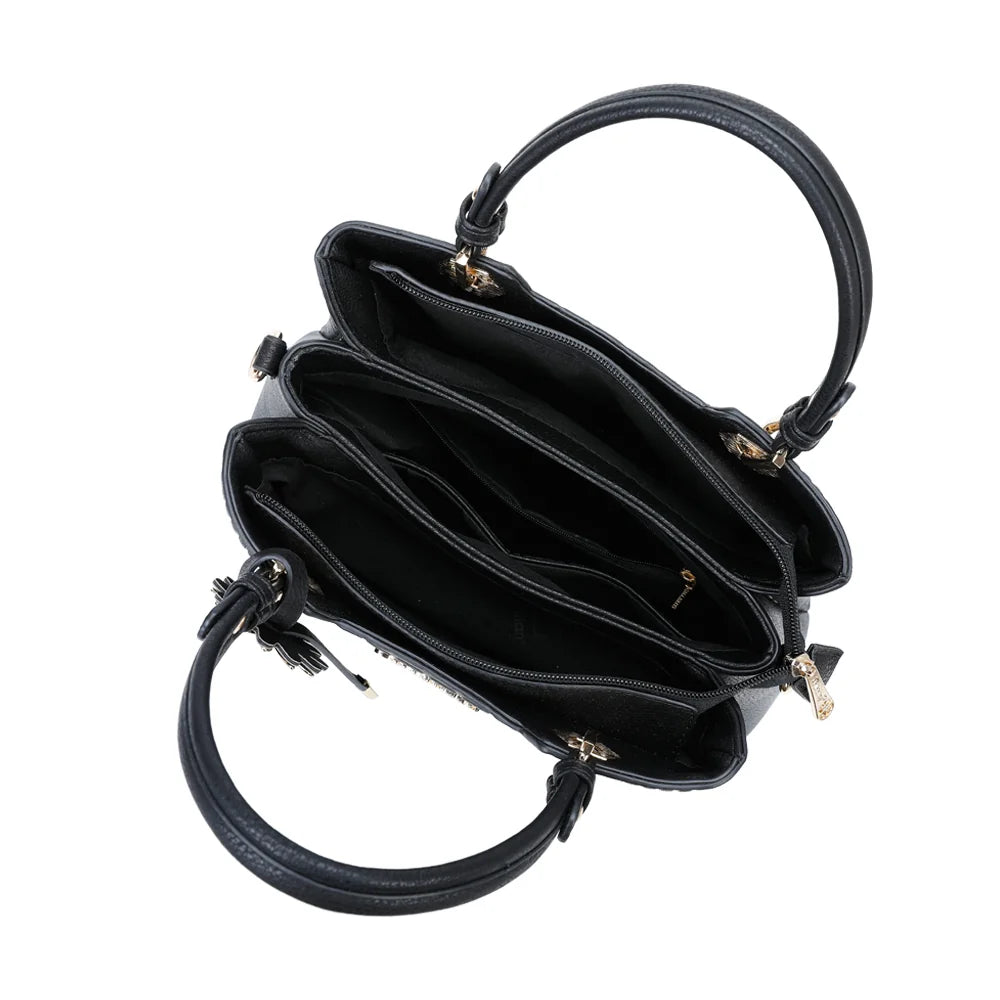 Intérieur du Fiora noir : trois compartiments pour téléphone, portefeuille et maquillage – réf. M-9354
