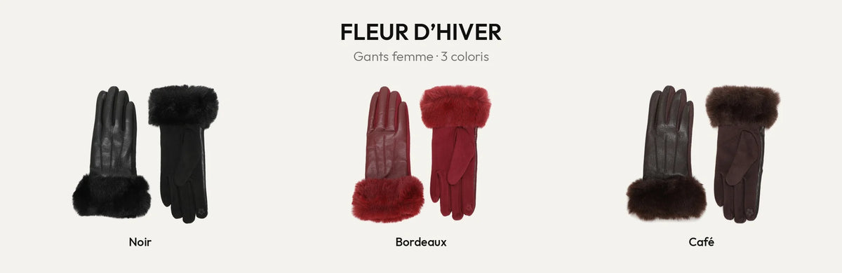 Gants femme Fleur d’Hiver à revers en fausse fourrure en noir, bordeaux et coffee – Gallantry Paris – réf. JJ-77006