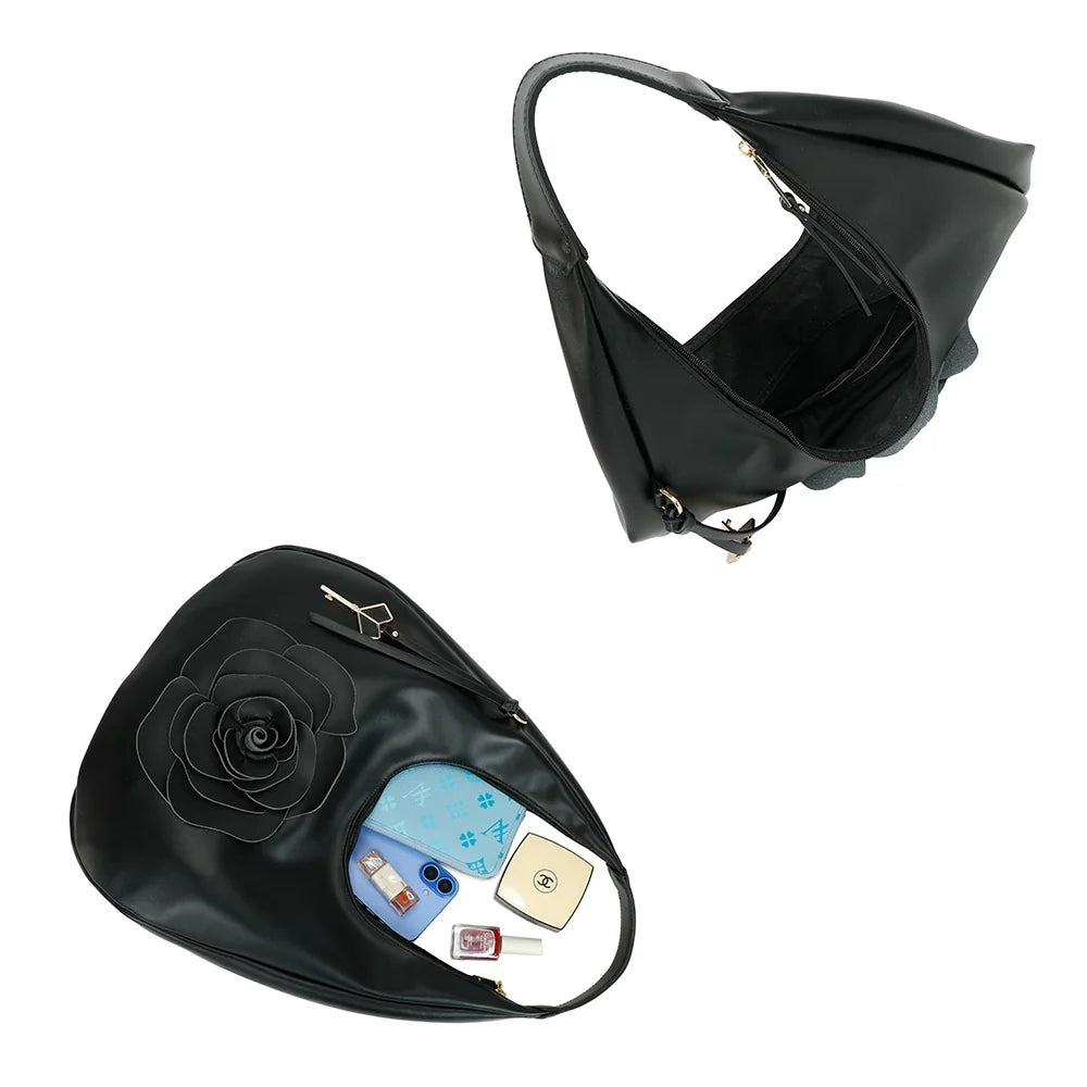 Intérieur du Fleur de Lune noir ouvert : fermeture zippée et compartiments doublés – réf. G-7494