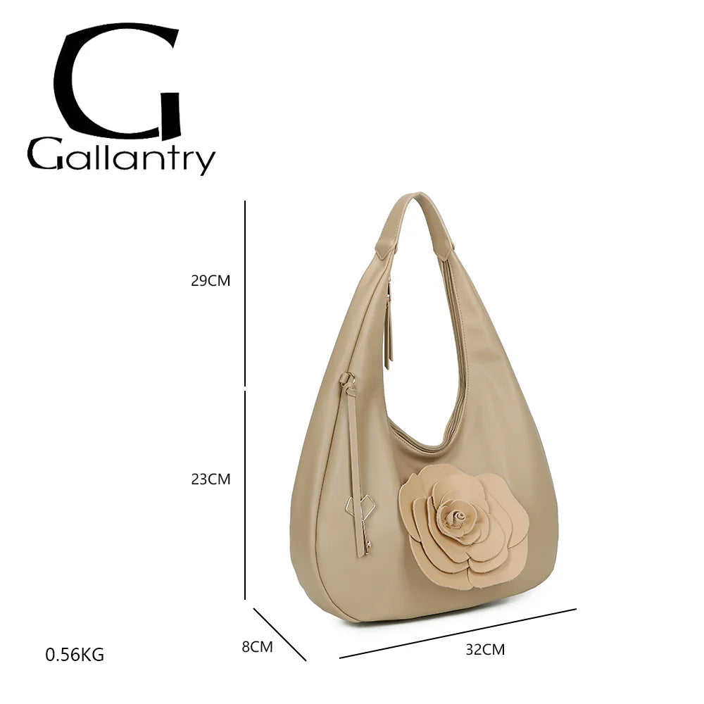 Dimensions du Fleur de Lune taupe : 32 × 8 × 23 cm, anse de 29 cm, poids 0,56 kg – réf. G-7494