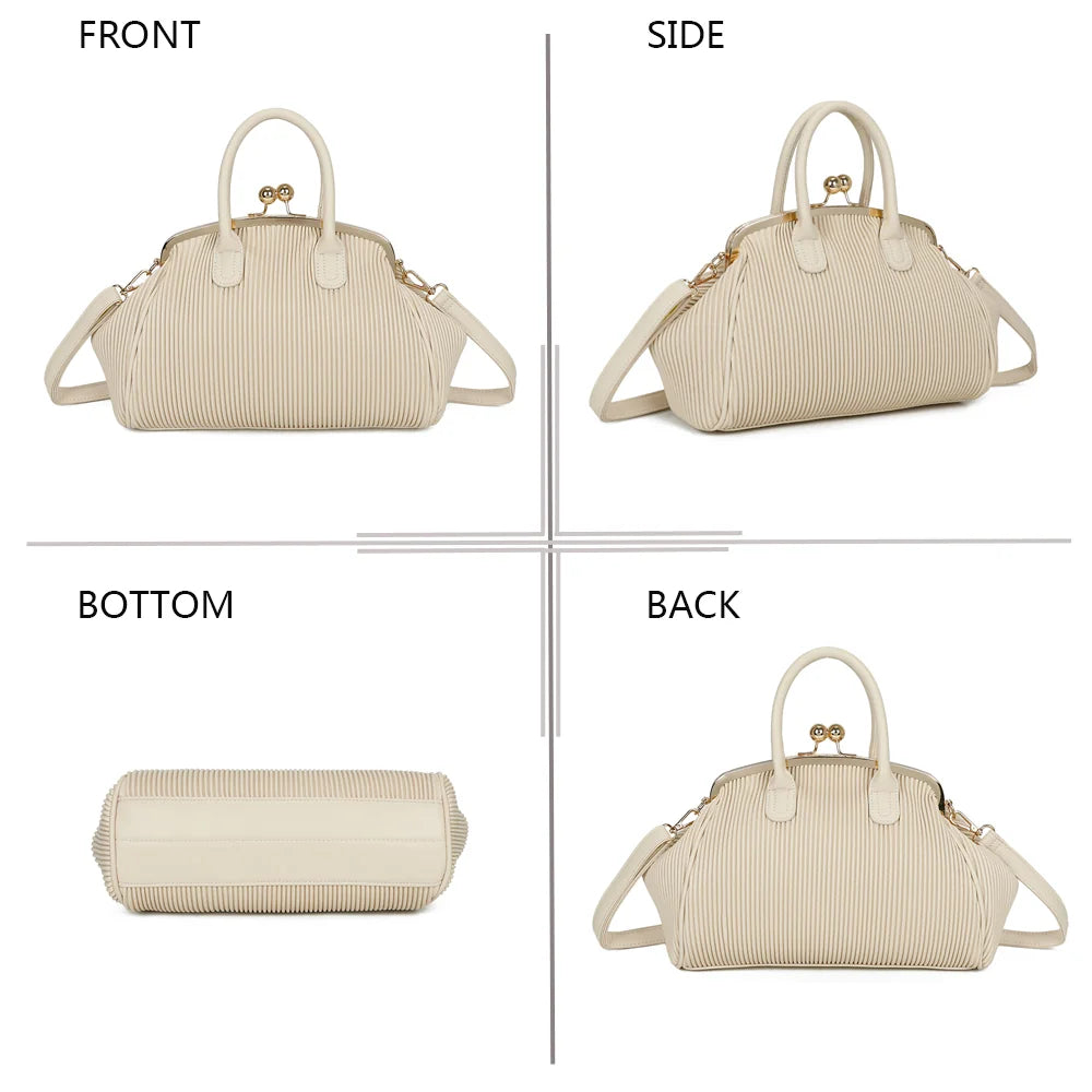 Gabrielle Retro beige sous quatre angles : face, côté, dessous et dos de ce sac au fermoir rétro – réf. R-1691-1