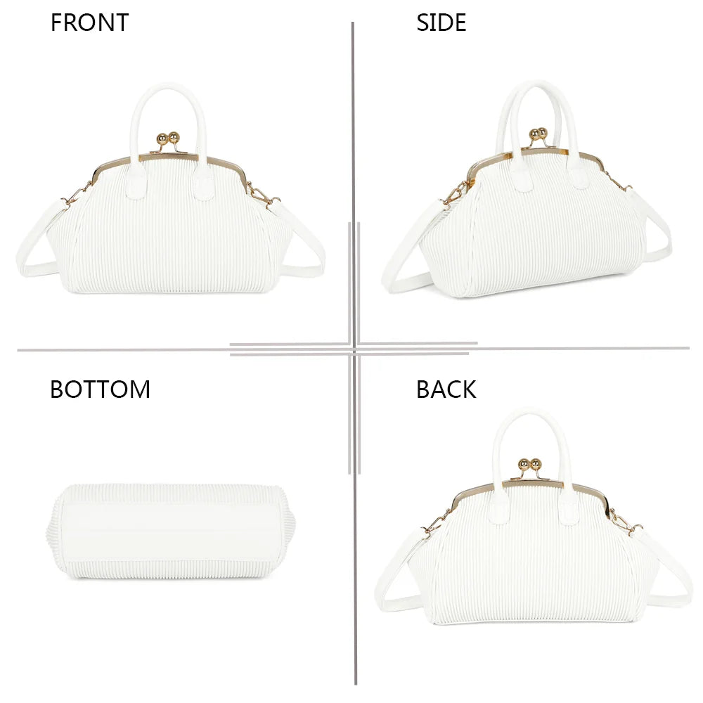 Gabrielle Retro blanc sous quatre angles : face, côté, dessous et dos de ce sac au fermoir rétro – réf. R-1691-1